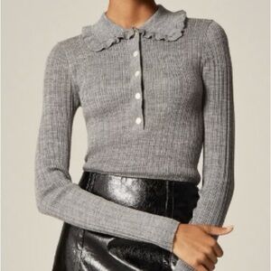 J.CREW Ruffle Collar  Polo Sweater - Gray Merino Wool, Size Medium (M) NWT 2025